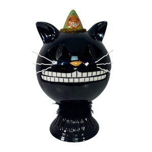 Black Cat Halloween Candy Bowl Ceramic Holder With Lid & Pumpkin Hat Decoration